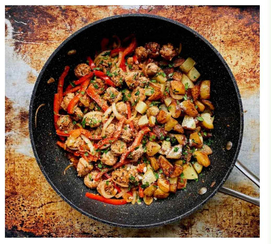 Saucisse au Four à l’Italienne, Poêlée de Poivrons et Pommes de Terre -format familial